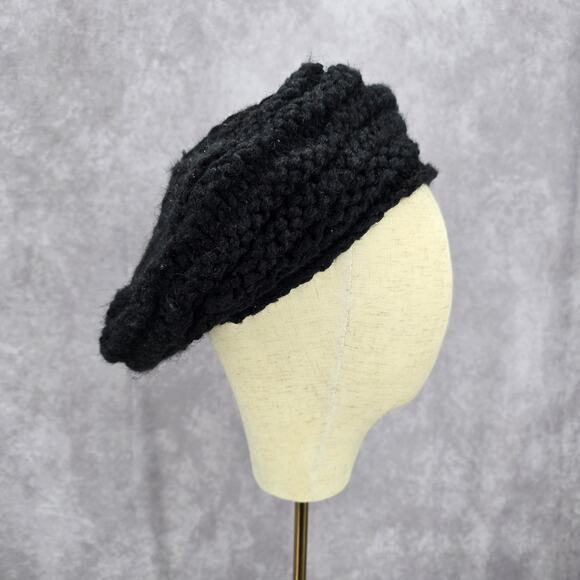 C.C Exclusives Black Beret Crochet Knit Bucket Cap Hat Fun VTG Y2K Funky Beanie - Picture 1 of 5